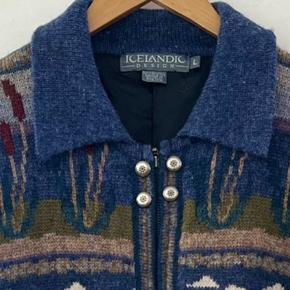 Icelandic Design 100% Lined Wool Fair Isle Duck Full Zip Sweater Sz Lr - Picture 5 of 10